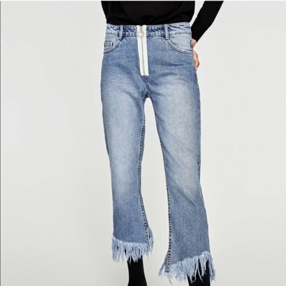 Zara Zip Front Frayed Hem Ankle Jeans